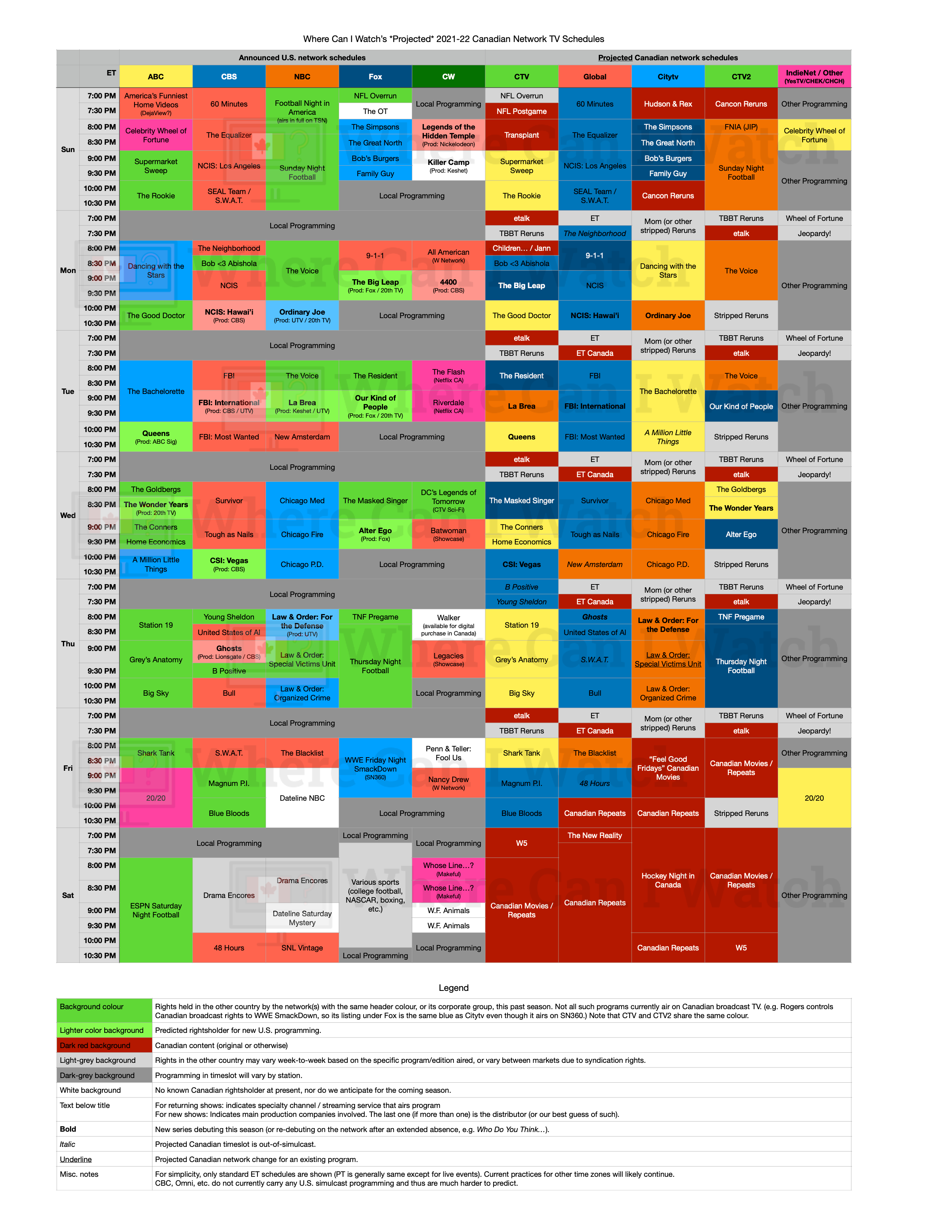 A television schedule for the 2021–22 season, displaying the announced schedules of the U.S. broadcast networks and projected scheduled for the Canadian networks. Due to the nature of the content we are currently unable to provide a screen-readable version.