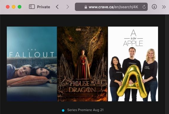 A screenshot of the Crave website suggesting “House of the Dragon” will be available on Crave in 4K.